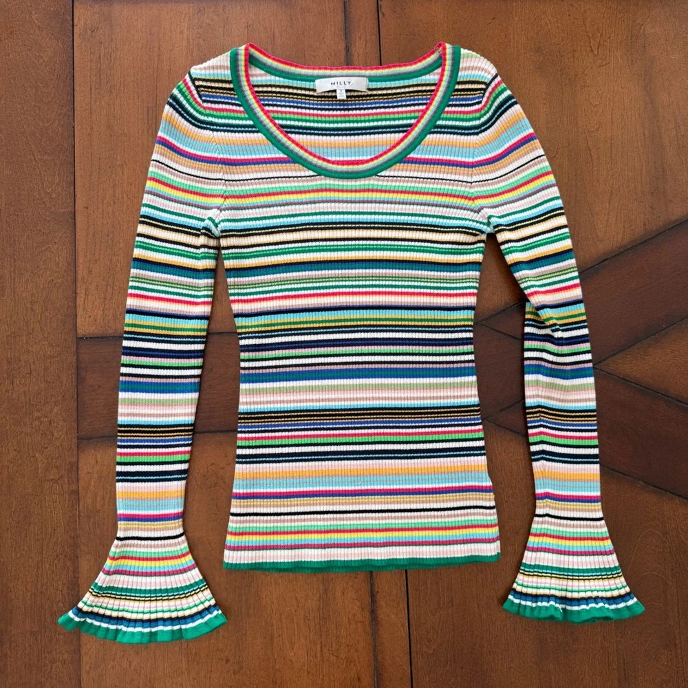 Milly Womens Multicolor Striped Ribbed Knit Scoop Neck Bell Sleeve Top Small - Picture 5 of 8